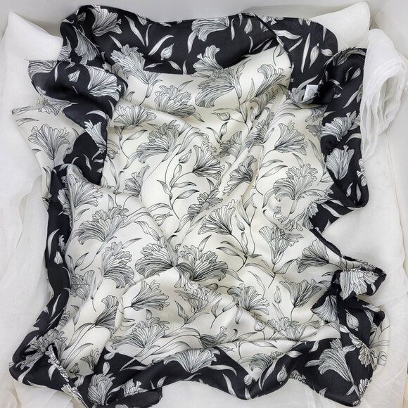 ✨Elegant Bandana Square Scarf Silky Satin Soft BLACK WHITE Floral Garden hijab - Picture 5 of 7